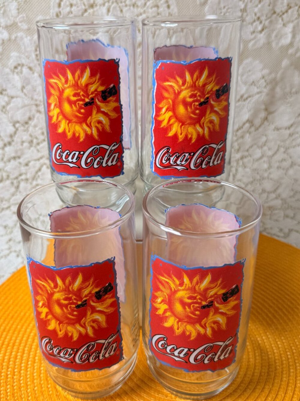 Coca-Cola Vintage 1995 SUN DRINKING COKE LOGO 16 OZ Set of 4 Glasses